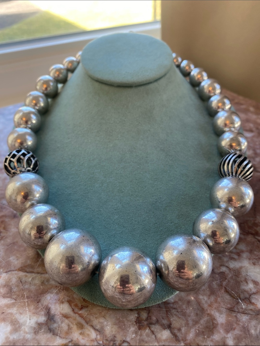 Silver-Tone Chunky Bead Necklace with Decorative Accent Beads